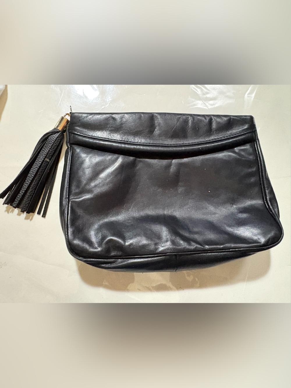 Vintage Made in Canada black Leather Tassel good size Zip Clutch